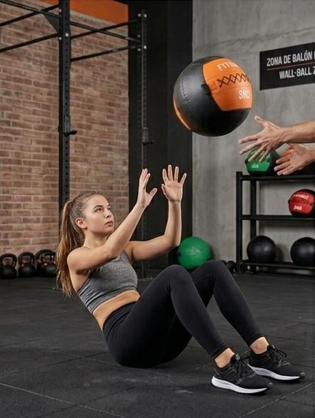 Female athlete performing a medicine ball chest pass exercise in a gym with equipment visible in the background