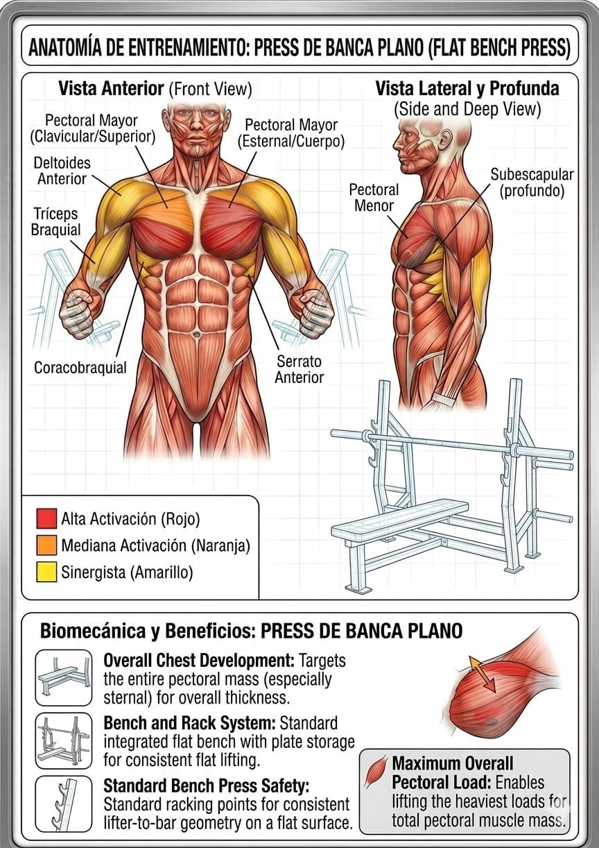 Anatomical diagram showing muscles worked during flat bench press exercise with front, side views and equipment setup