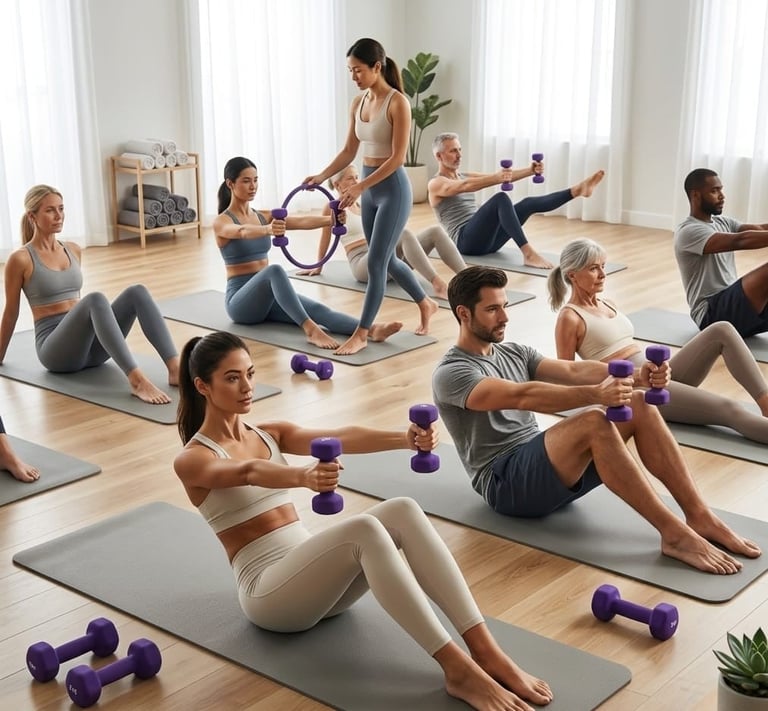 Group fitness class exercising with dumbbells on yoga mats in a bright studio with instructor leading