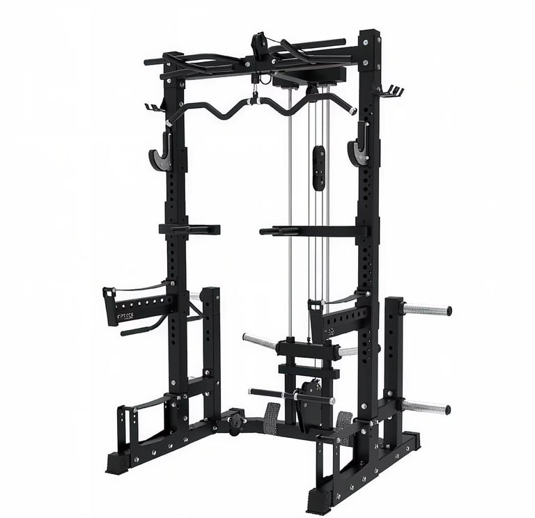 Black multi-functional gym equipment rack with cable machine, pull-down bar, and various workout attachments.
