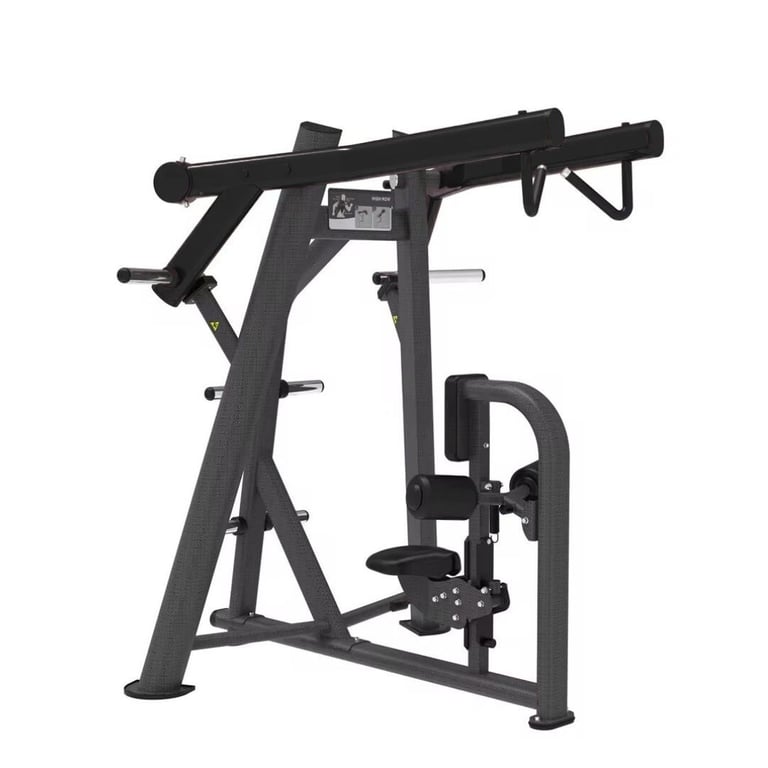 Black commercial leg press machine with pivoting footplate and adjustment handles on sturdy metal frame
