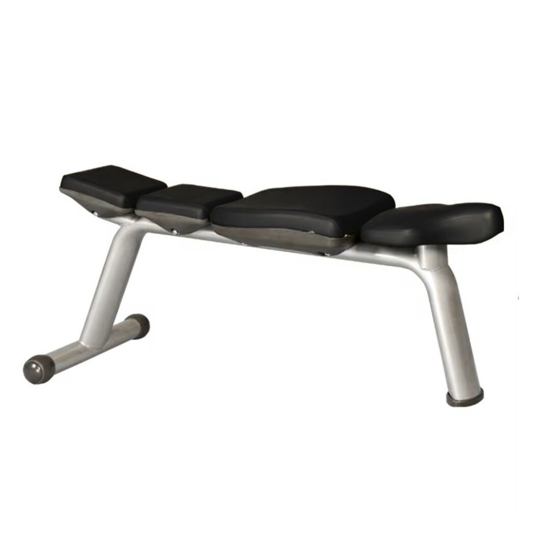 Weight bench with black padded seat and backrest on silver metal frame with leg attachment
