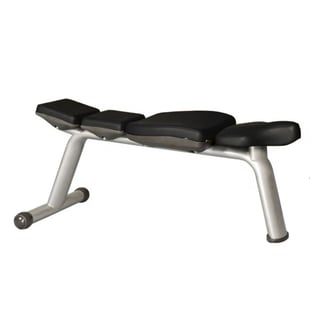 Weight bench with black padded seat and backrest on silver metal frame with leg attachment