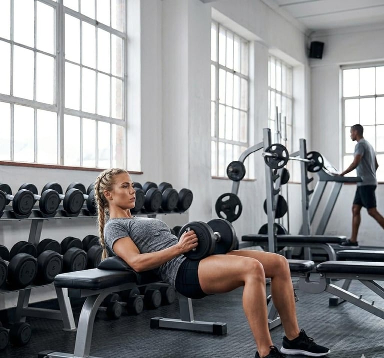 Woman performing dumbbell exercise on bench in modern gym with dumbbells and cardio equipment in background