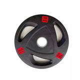 Black Olympic weight plate with red 10 kg markings and grip handles on white background