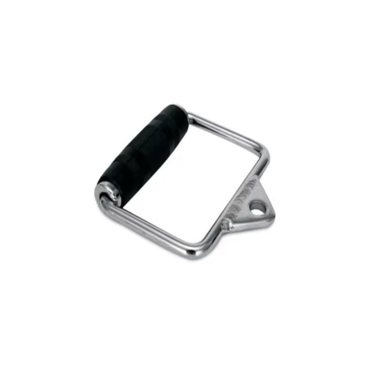 Metal square tool with black rubber grip handle and mounting hole on white background
