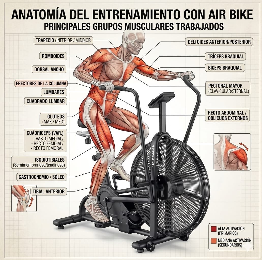 Anatomical diagram of muscles worked during air bike exercise with labeled muscle groups in Spanish