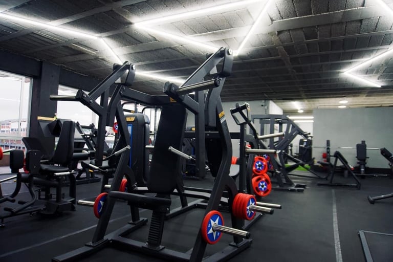 Modern fitness gym with black exercise machines and red weight plates