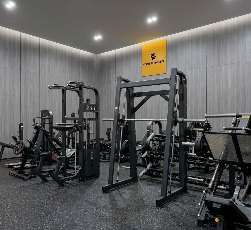 Modern gym interior with black exercise equipment and machines, white paneled walls, ceiling lights, and a yellow Pure Fitness sign