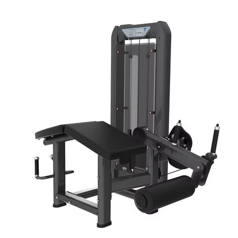Black leg press exercise machine with padded seat and leg extension attachment for strength training workouts