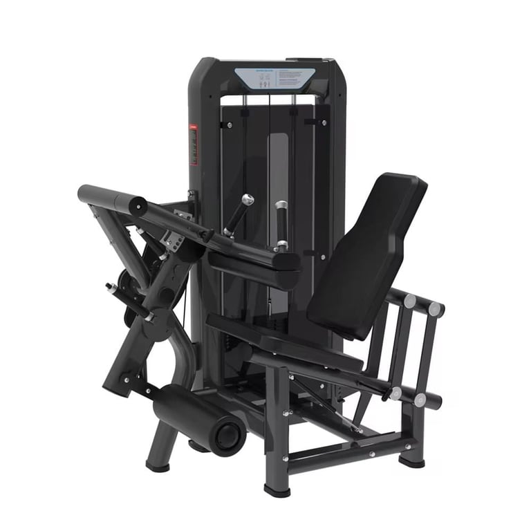 Black leg press exercise machine with foot platform and weight stack on white background