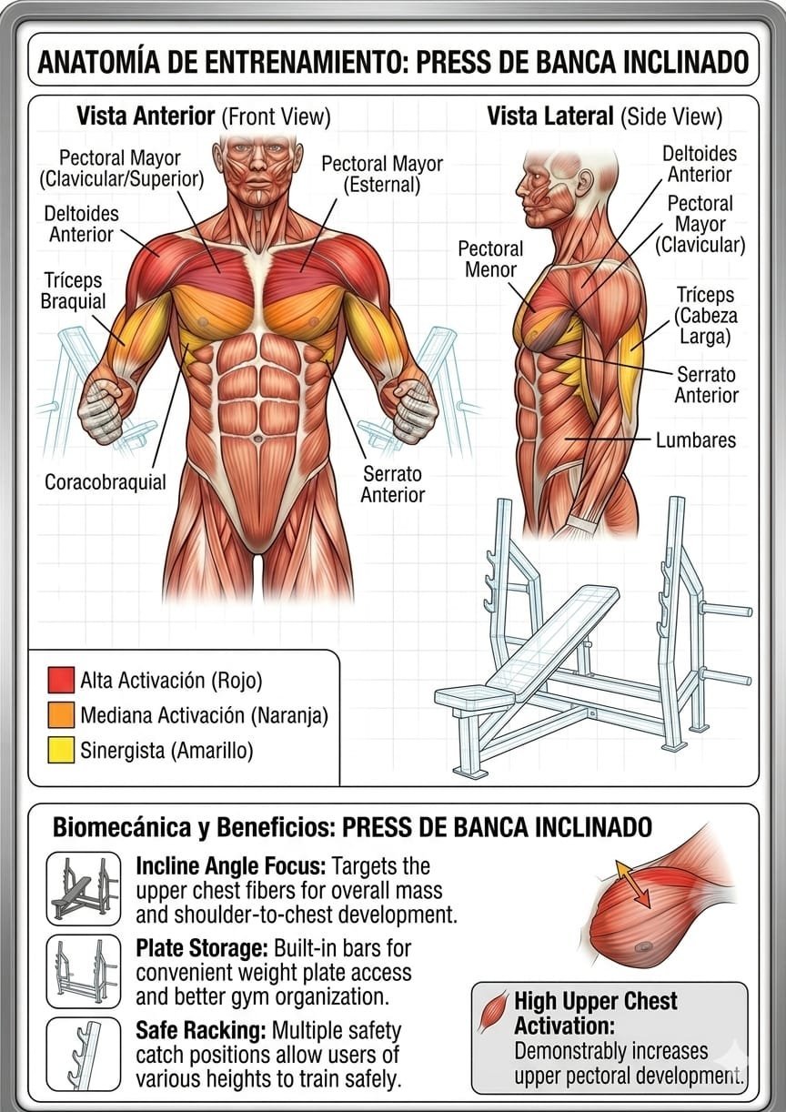 Anatomical diagram of muscles worked during inclined bench press exercise showing front and side views with color-coded muscle activation zones
