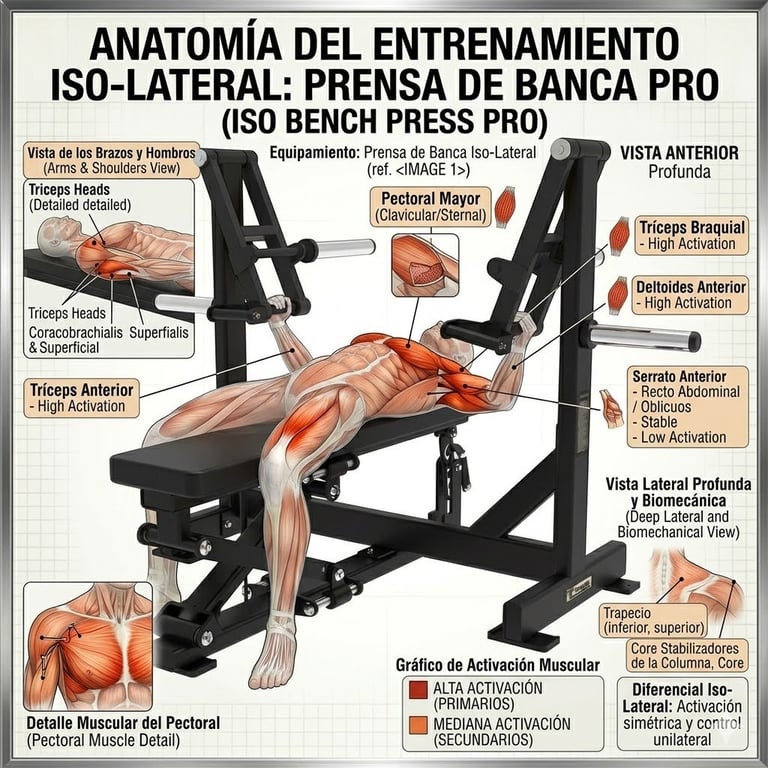 Anatomical diagram of iso-lateral bench press exercise showing muscle groups activated in Spanish, with equipment setup and activation intensity levels