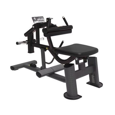 Black leg press exercise machine with padded seat, foot platform, and adjustable arms on white background