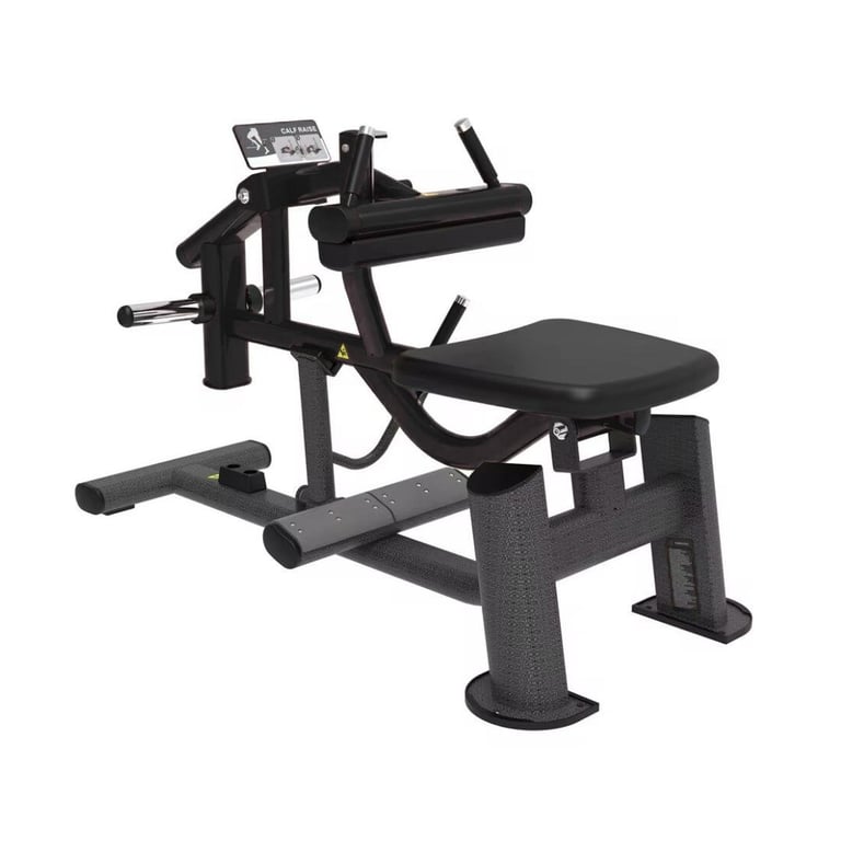 Black leg press exercise machine with padded seat, footrest, and weight stack selector on a white background