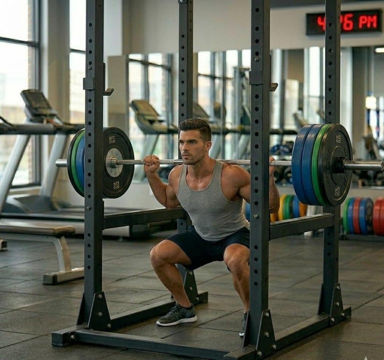 Man performing a barbell squat exercise in a gym with squat rack