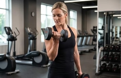 Woman in black tank top exercising with dumbbells in a modern gym with equipment visible in background