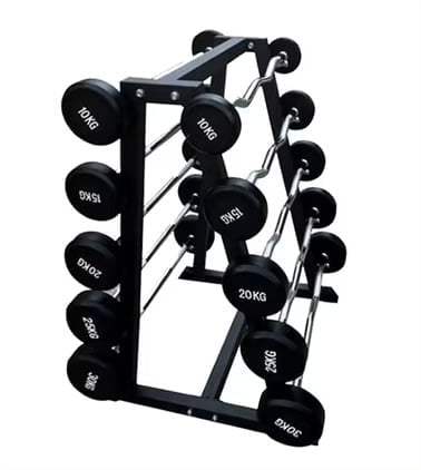 Black dumbbell rack with multiple weight plates arranged on curved arms, labeled with various weights from 5kg to 30kg