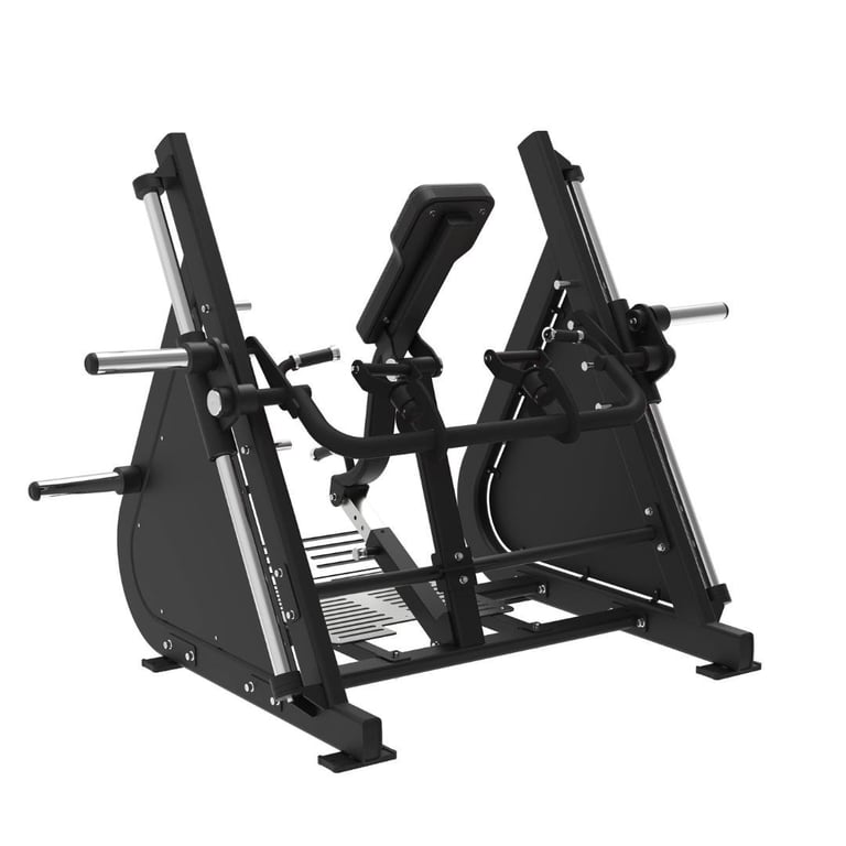 Black commercial leg press exercise machine with dual foot platforms and adjustable backrest on white background