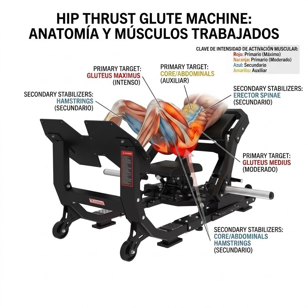 Hip thrust glute machine with anatomical overlay showing primary targets gluteus maximus and adductors, plus secondary stabilizers