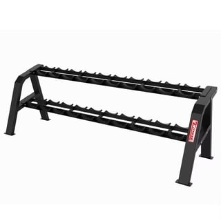 Black dumbbell rack with two tiers and metal support legs isolated on white background