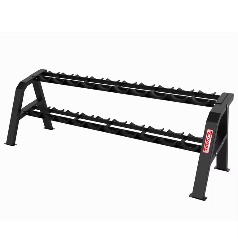 Black dumbbell rack with two tiers and metal support legs isolated on white background