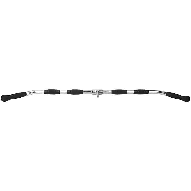 Lat pulldown bar with black handles and metal cable attachment point in center, used for exercise equipment