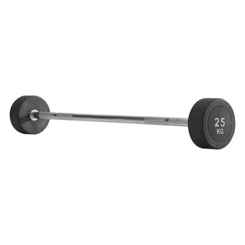25kg barbell with black rubber plates and gray metal bar on white background