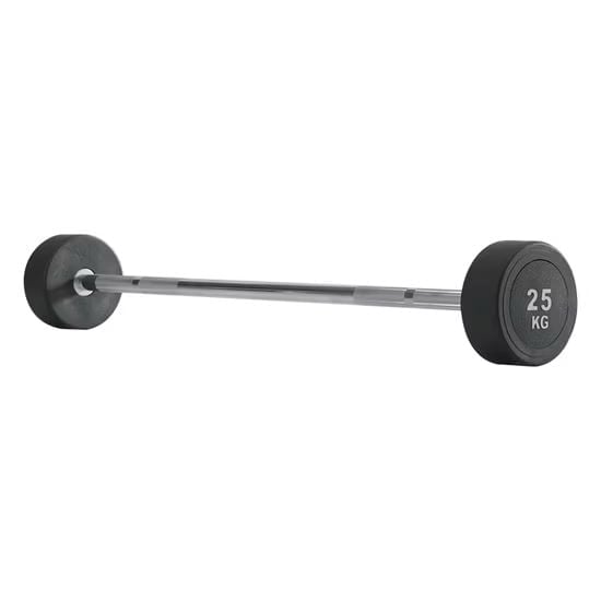 25kg barbell with black rubber plates and gray metal bar on white background