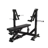 Red and black bench press with adjustable safety bars and seat, viewed from front