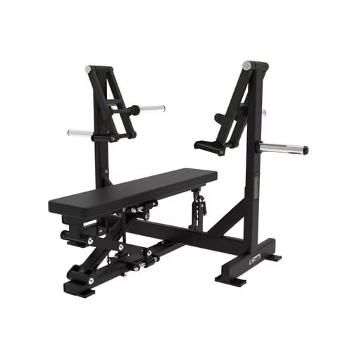 Black weight bench press machine with barbell arms and adjustable leg extension attachment on sturdy metal frame