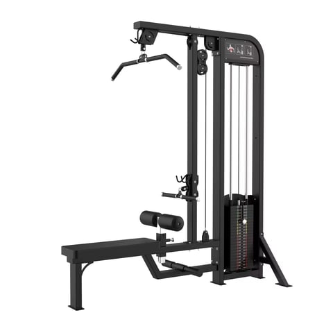 Black cable chest fly exercise machine with adjustable seat and weight stack for gym workouts