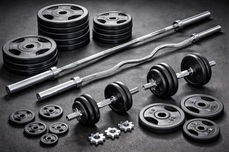 Weightlifting equipment including dumbbells, barbells, weight plates, and gears arranged on a dark surface