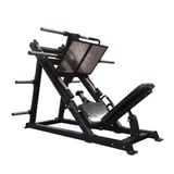 Black leg press machine with padded seat, backrest, and foot platform