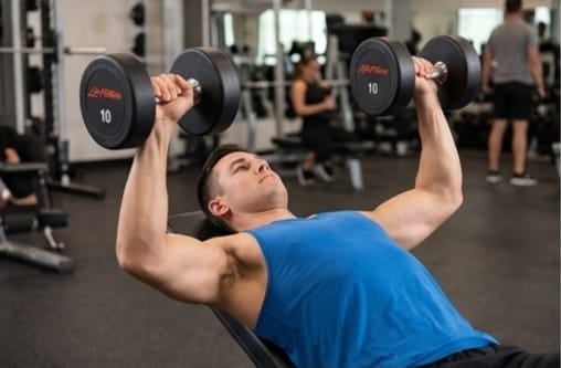 Man in blue tank top performing dumbbell shoulder press exercise on bench in gym with other people in background
