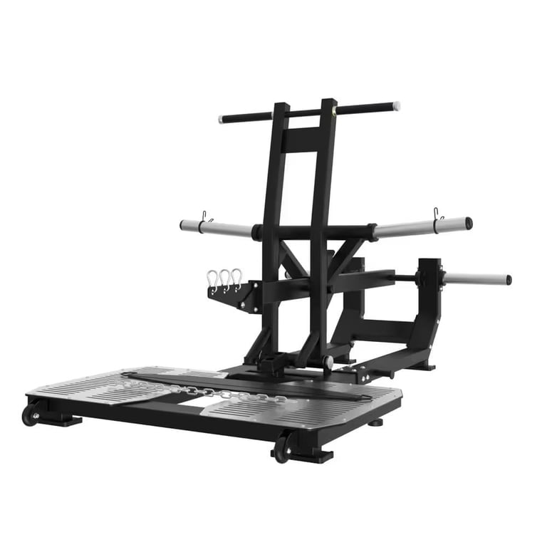 Black multi-function gym equipment with pulldown and leg extension attachments on a wheeled base