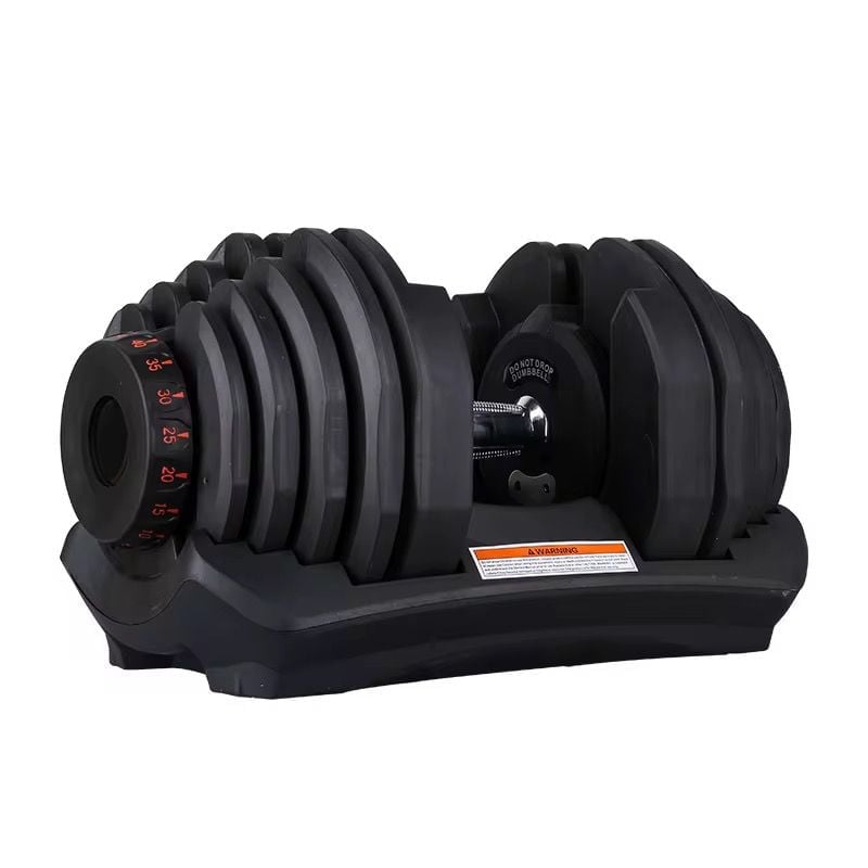 Black adjustable dumbbell with weight plates on a rectangular base, featuring red marking indicators on the dial