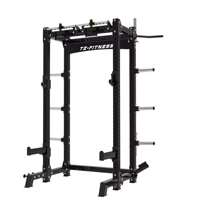 Black power rack squat cage with pull-up bar and weight plate storage on sides