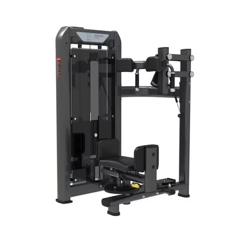 Black chest press exercise machine with vertical padded seat and dual handles for gym or fitness facility use