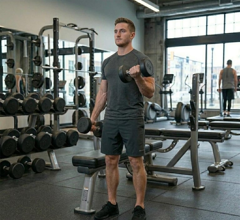 Man in dark shirt doing dumbbell curl in modern gym with equipment and windows