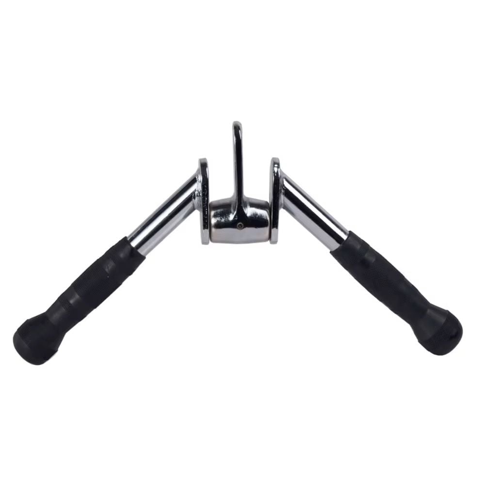Tricep bar with angled handles and black grip handles spread wide, viewed from above on white background