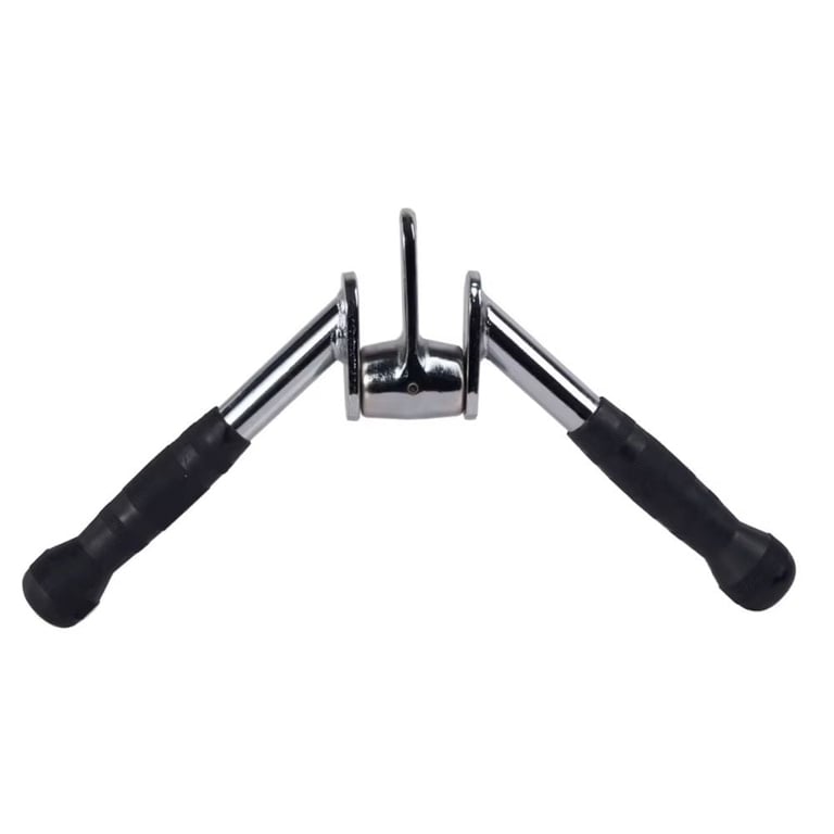 Tricep bar with angled handles and black grip handles spread wide, viewed from above on white background