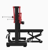 Red and black hydraulic motorcycle lift table with adjustable platform and foot pedal control