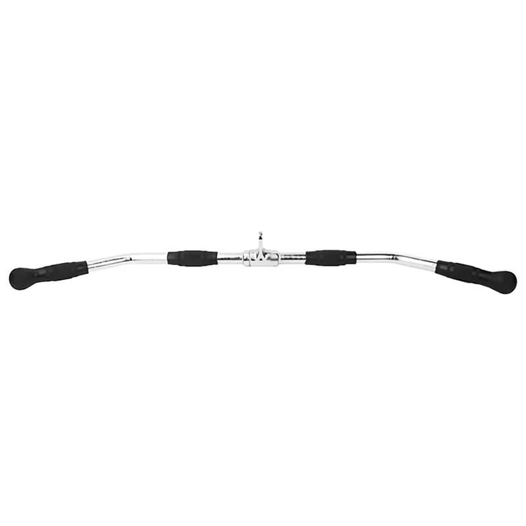 Cable machine bar with black handles and metal connectors on white background