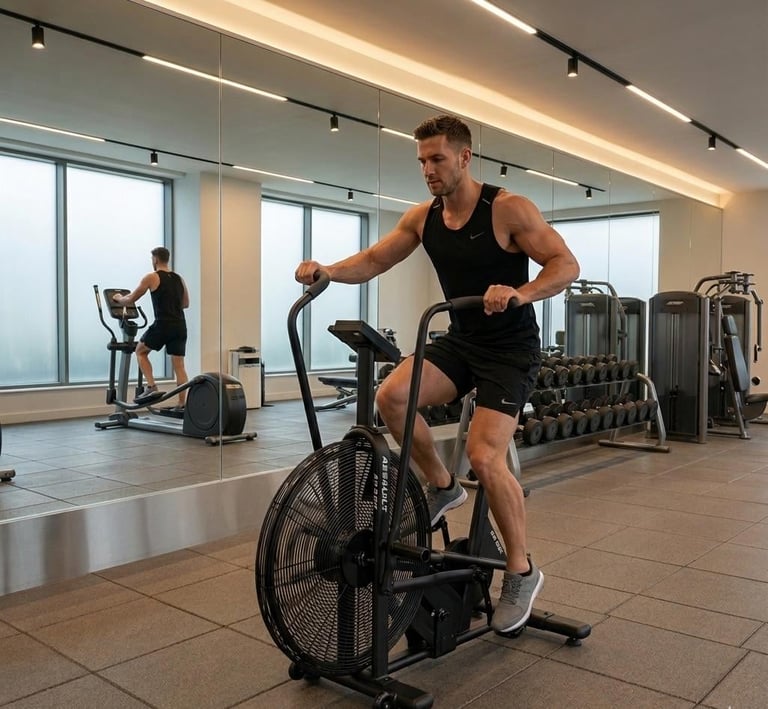 Man exercising on an air bike in a modern gym with dumbbells, exercise equipment, and another person on a stationary bike in the background