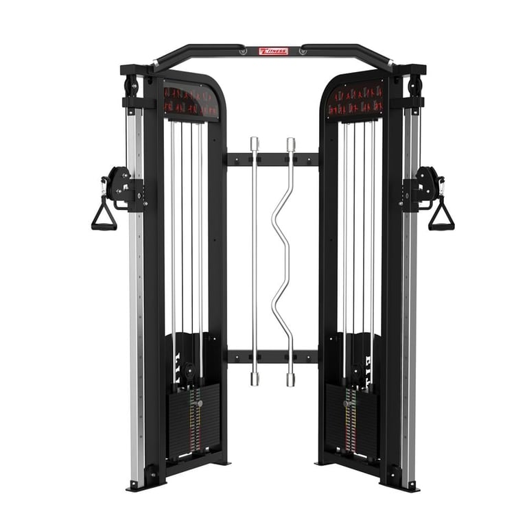 Functional trainer cable machine with dual stacks and adjustable pulleys for strength training exercises