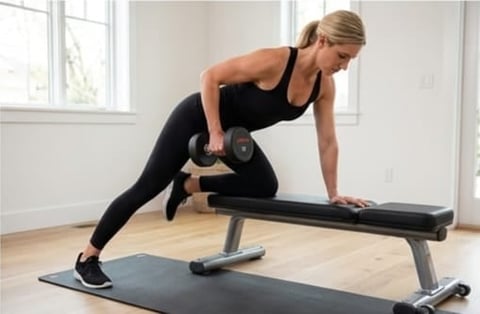 Woman performing a dumbbell exercise on a workout bench in a bright gym space
