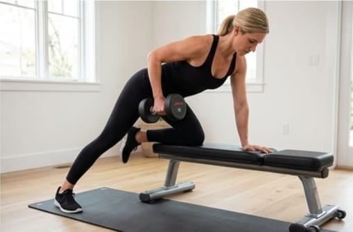 Woman performing a dumbbell exercise on a workout bench in a bright gym space