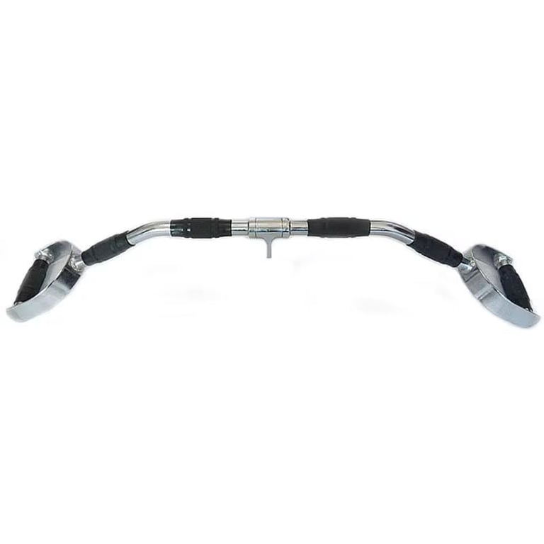 Kiteboarding boom with black grip handles, curved aluminum tube and metal adjusters on white background