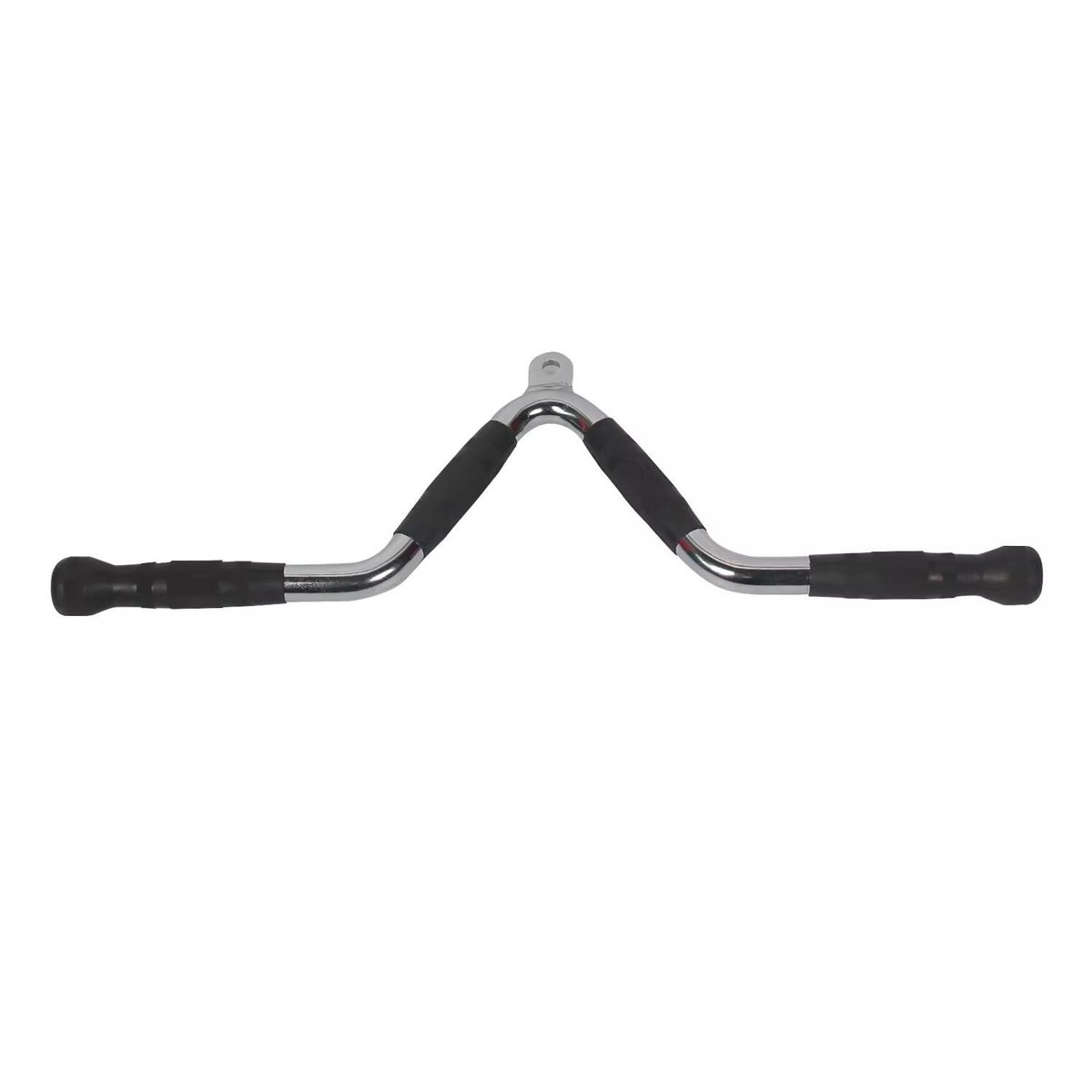 Chrome and black curved weight machine bar with handles on both ends, used for strength training exercises